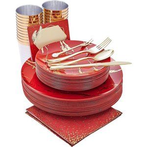 Red Gold Plastic Plates Set, Disposable Dinnerware Set Include 25 Dinner Plates